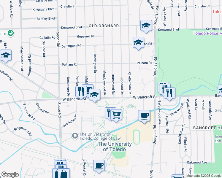 map of restaurants, bars, coffee shops, grocery stores, and more near 2233 Drummond Road in Toledo