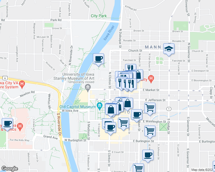 map of restaurants, bars, coffee shops, grocery stores, and more near 26 East Market Street in Iowa City