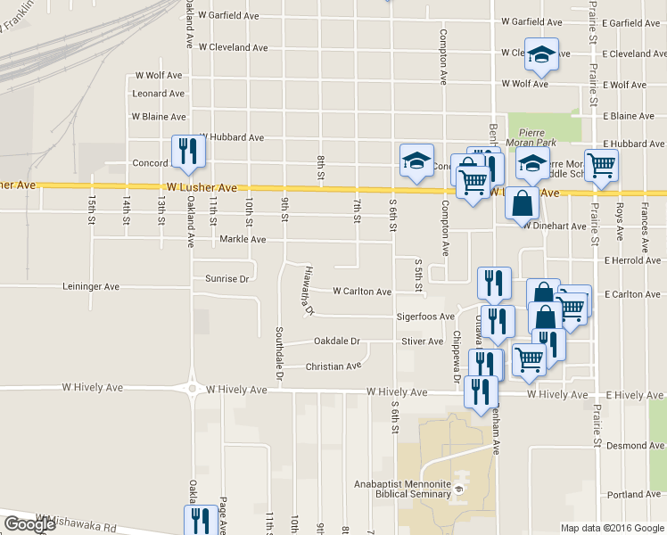 map of restaurants, bars, coffee shops, grocery stores, and more near 799 Hope Avenue in Elkhart