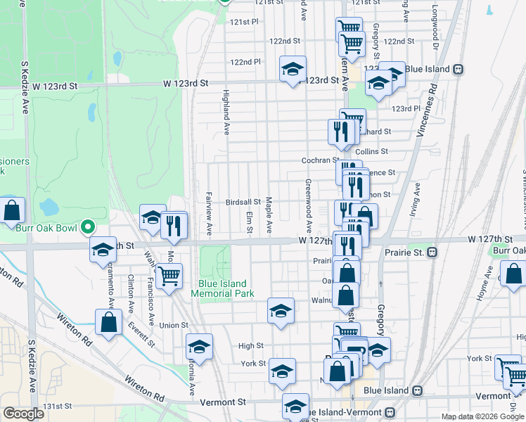 map of restaurants, bars, coffee shops, grocery stores, and more near 12610 Maple Avenue in Blue Island