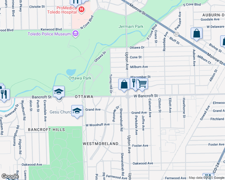 map of restaurants, bars, coffee shops, grocery stores, and more near 2224 Torrey Hill Drive in Toledo