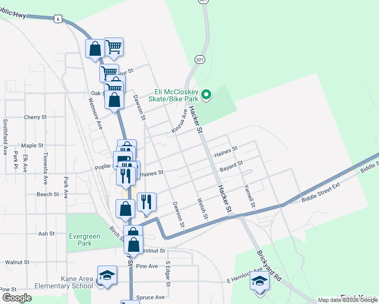 map of restaurants, bars, coffee shops, grocery stores, and more near 326 Janeway Street in Kane