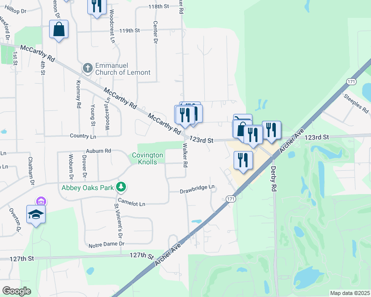 map of restaurants, bars, coffee shops, grocery stores, and more near 12419 Walker Road in Lemont