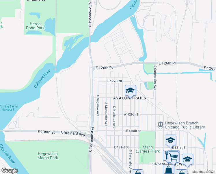 map of restaurants, bars, coffee shops, grocery stores, and more near 12721 South Marquette Avenue in Chicago