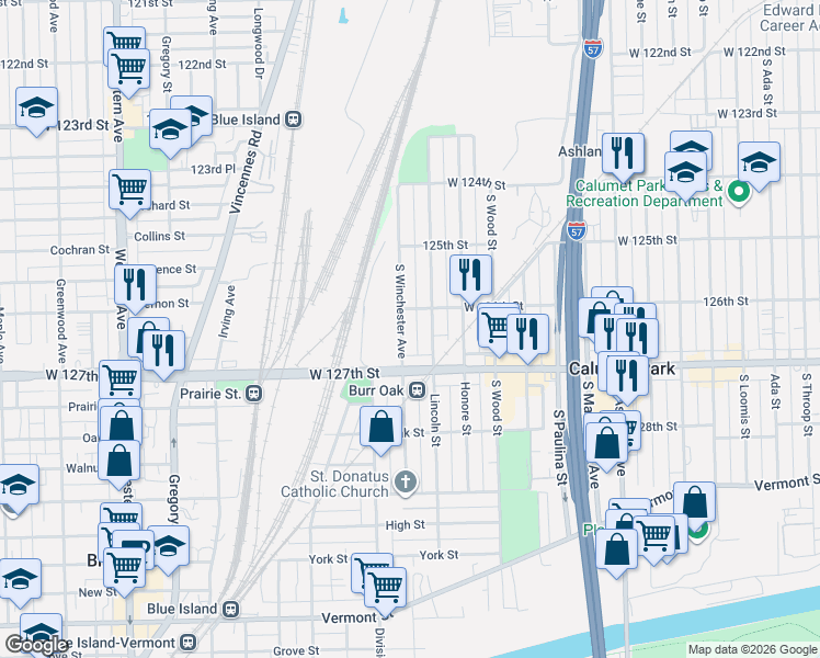 map of restaurants, bars, coffee shops, grocery stores, and more near 12615 Winchester Avenue in Calumet Park