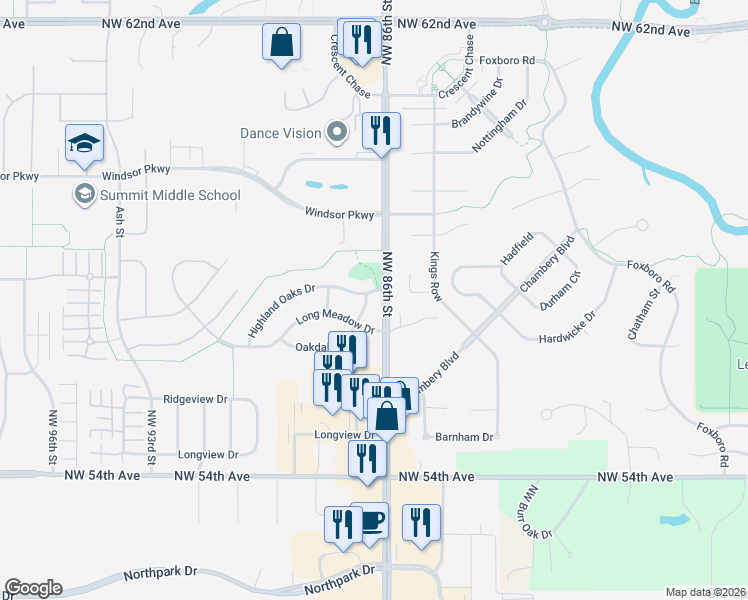 map of restaurants, bars, coffee shops, grocery stores, and more near 8608 Highland Oaks Drive in Johnston