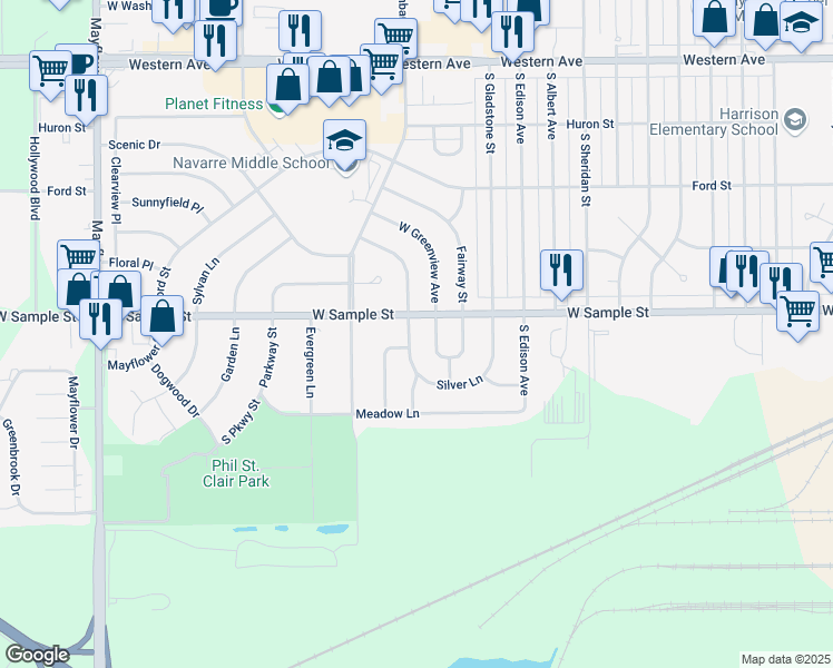 map of restaurants, bars, coffee shops, grocery stores, and more near 912 Birchwood Avenue in South Bend