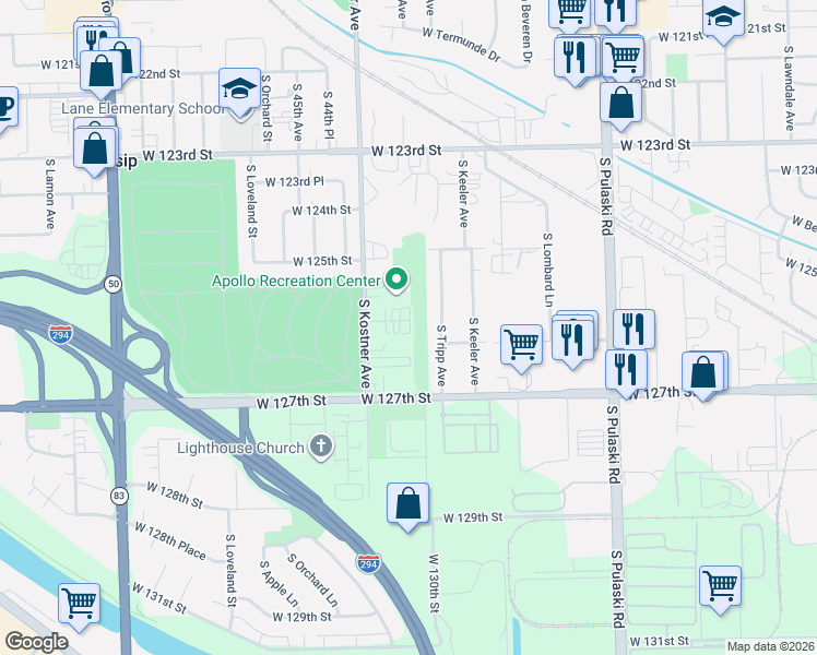 map of restaurants, bars, coffee shops, grocery stores, and more near 4309 West Park Lane Drive in Alsip