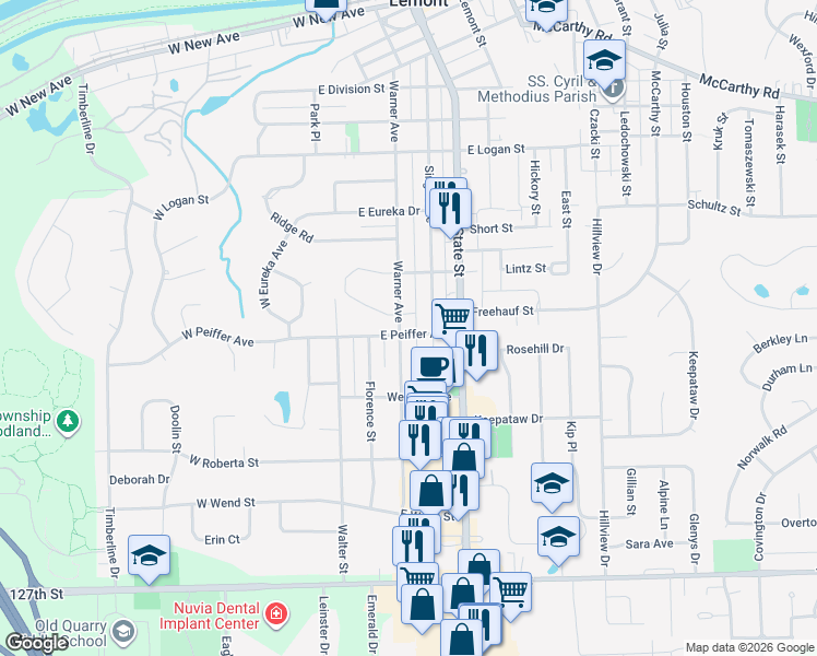 map of restaurants, bars, coffee shops, grocery stores, and more near 55 East Peiffer Avenue in Lemont