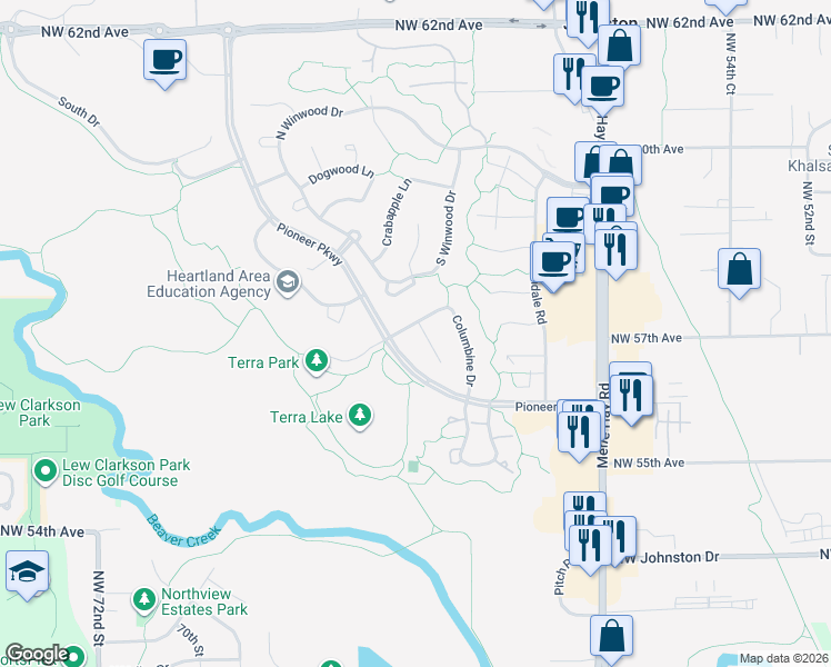 map of restaurants, bars, coffee shops, grocery stores, and more near 5750 Columbine Dr in Johnston