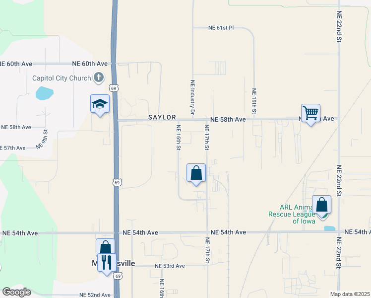 map of restaurants, bars, coffee shops, grocery stores, and more near 5685 Northeast 16th Street in Des Moines