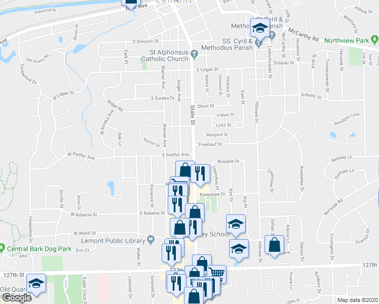map of restaurants, bars, coffee shops, grocery stores, and more near 920 State Street in Lemont