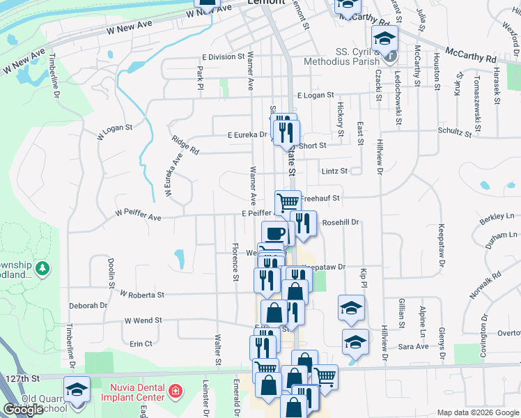 map of restaurants, bars, coffee shops, grocery stores, and more near 55 East Peiffer Avenue in Lemont