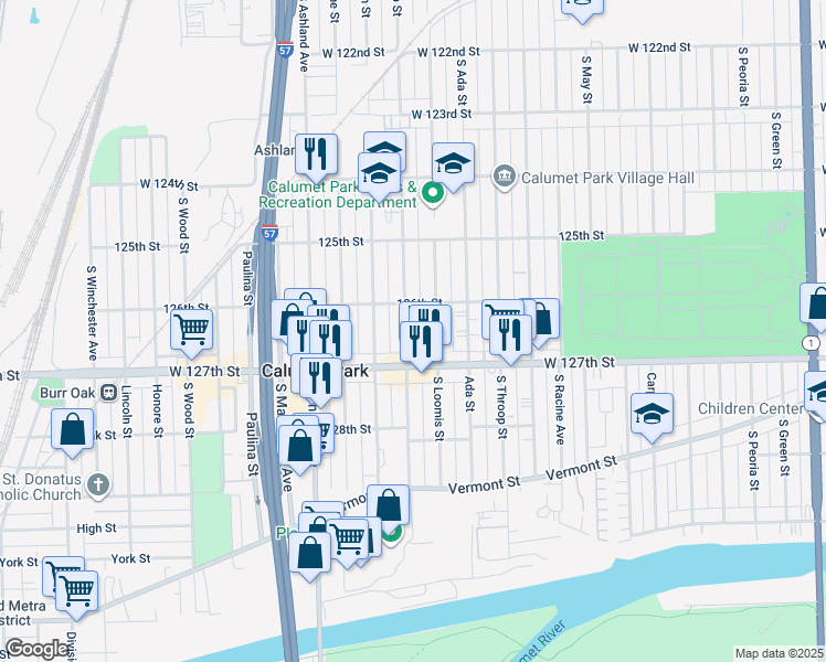 map of restaurants, bars, coffee shops, grocery stores, and more near 12621 Bishop Street in Calumet Park