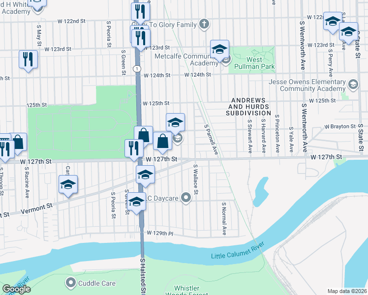 map of restaurants, bars, coffee shops, grocery stores, and more near 12635 South Lowe Avenue in Chicago
