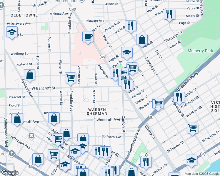 map of restaurants, bars, coffee shops, grocery stores, and more near 2146 North 12th Street in Toledo