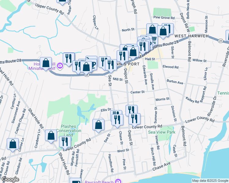 map of restaurants, bars, coffee shops, grocery stores, and more near 113 Center St in Dennis