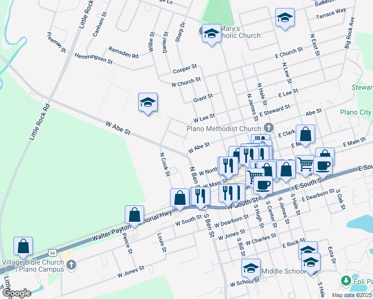 map of restaurants, bars, coffee shops, grocery stores, and more near 516 West Abe Street in Plano