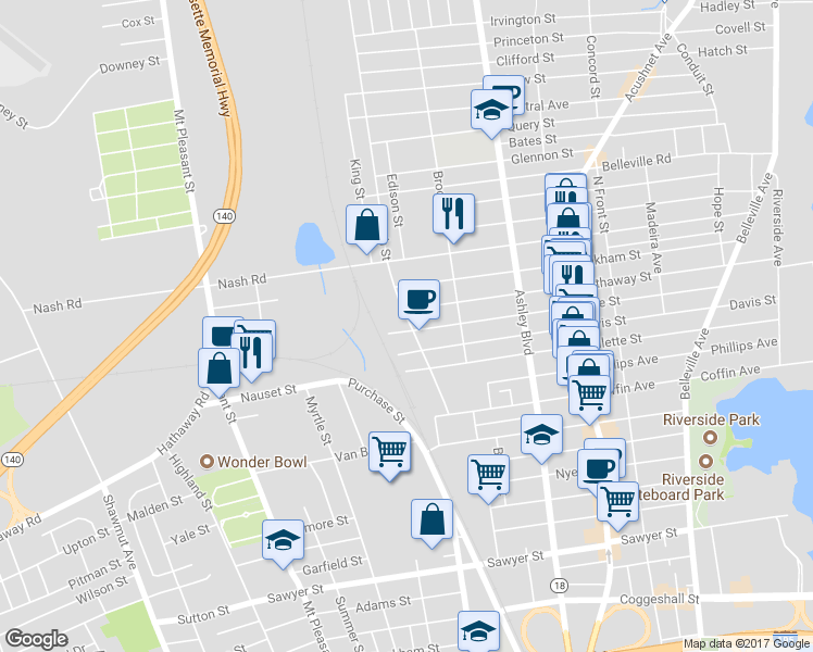 map of restaurants, bars, coffee shops, grocery stores, and more near 81 Church Street in New Bedford