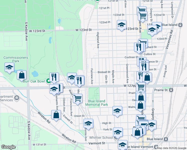 map of restaurants, bars, coffee shops, grocery stores, and more near 12611 Fairview Avenue in Blue Island