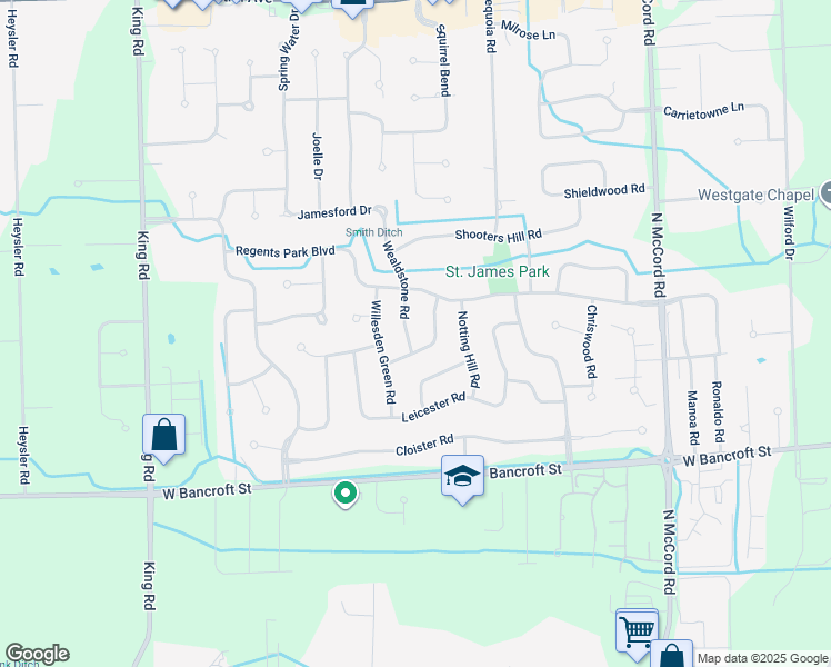map of restaurants, bars, coffee shops, grocery stores, and more near 2410 Wealdstone Road in Toledo