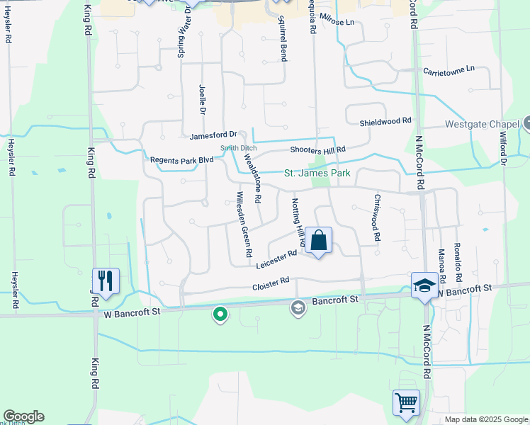 map of restaurants, bars, coffee shops, grocery stores, and more near 2410 Wealdstone Road in Toledo