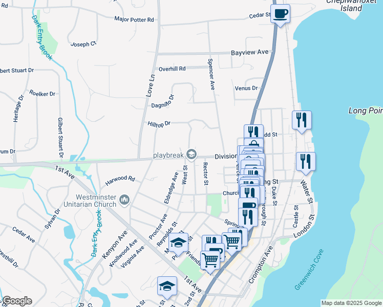 map of restaurants, bars, coffee shops, grocery stores, and more near 56 Shady Glen Drive in East Greenwich