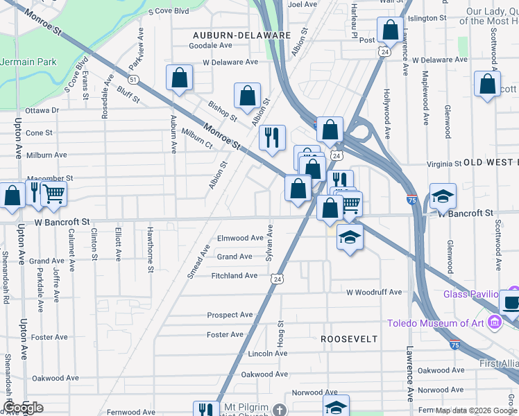 map of restaurants, bars, coffee shops, grocery stores, and more near 2212 Academy Avenue in Toledo