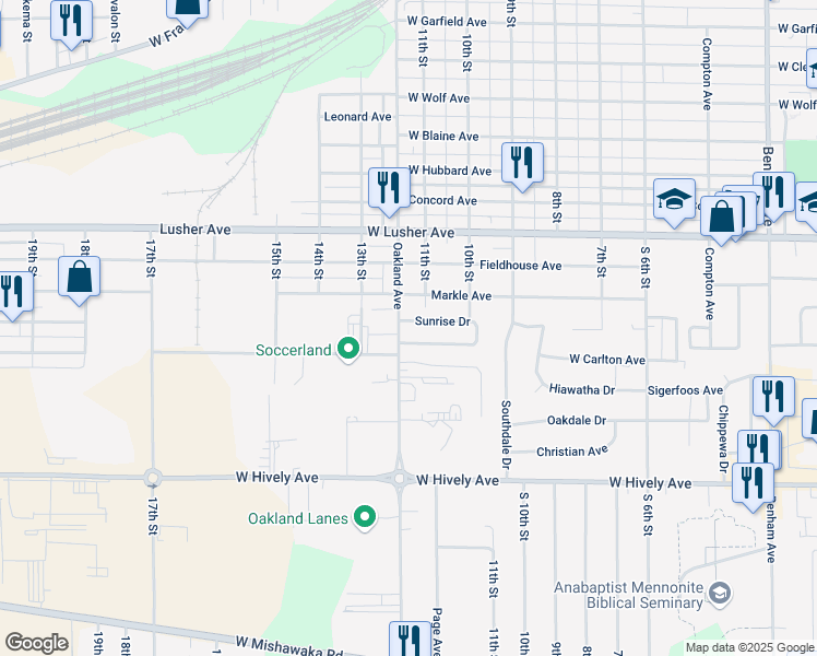 map of restaurants, bars, coffee shops, grocery stores, and more near 1 Sunrise Dr in Elkhart