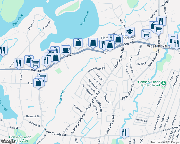 map of restaurants, bars, coffee shops, grocery stores, and more near in Dennis