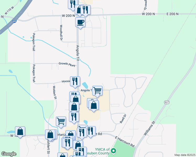 map of restaurants, bars, coffee shops, grocery stores, and more near 509 Northcrest Drive in Angola