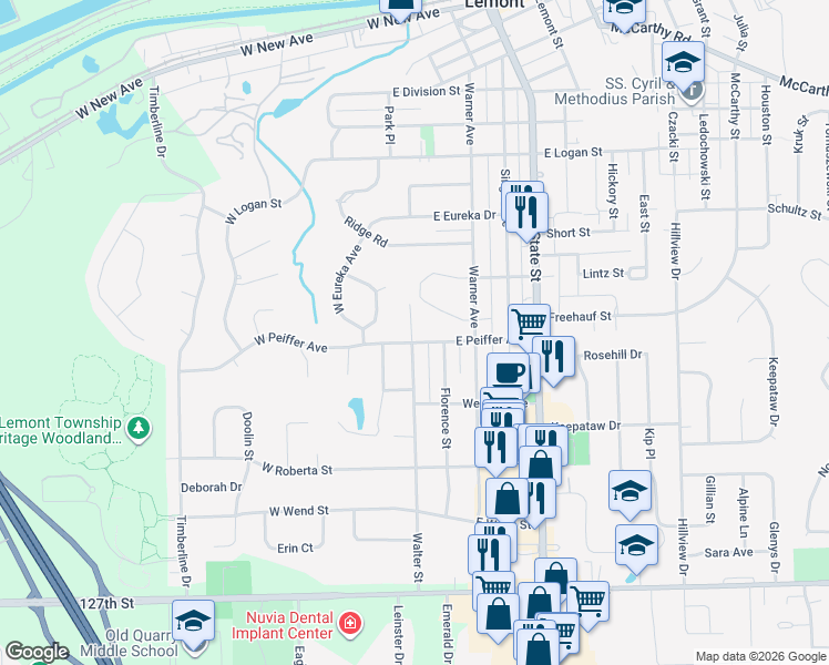 map of restaurants, bars, coffee shops, grocery stores, and more near 927 Walter Street in Lemont