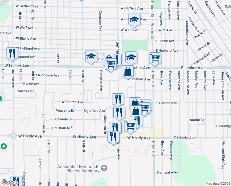 map of restaurants, bars, coffee shops, grocery stores, and more near 2310 Pierre Moran Dr in Elkhart