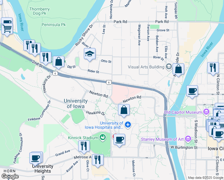 map of restaurants, bars, coffee shops, grocery stores, and more near 60 Woolf Avenue in Iowa City