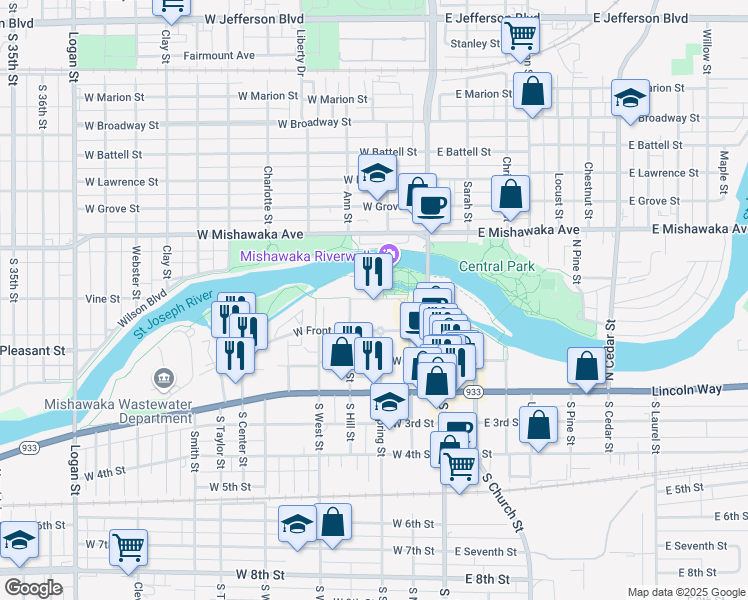 map of restaurants, bars, coffee shops, grocery stores, and more near 235 Ironworks Avenue in Mishawaka