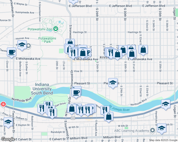 map of restaurants, bars, coffee shops, grocery stores, and more near 2498 Vine Street in South Bend