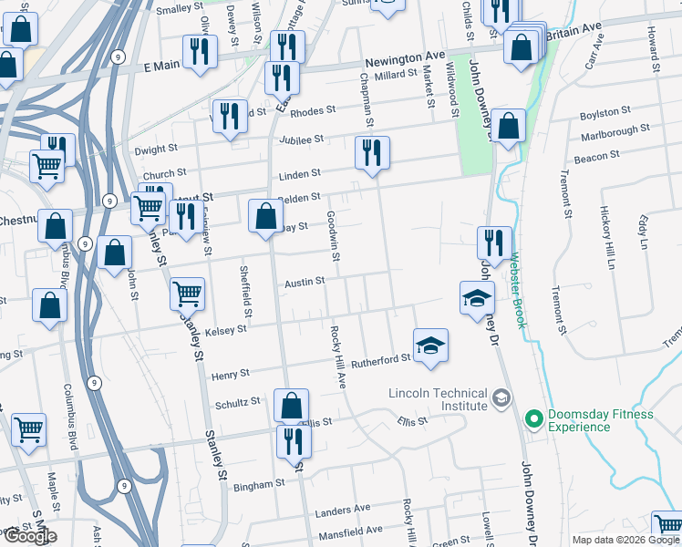 map of restaurants, bars, coffee shops, grocery stores, and more near 86 Austin Street in New Britain
