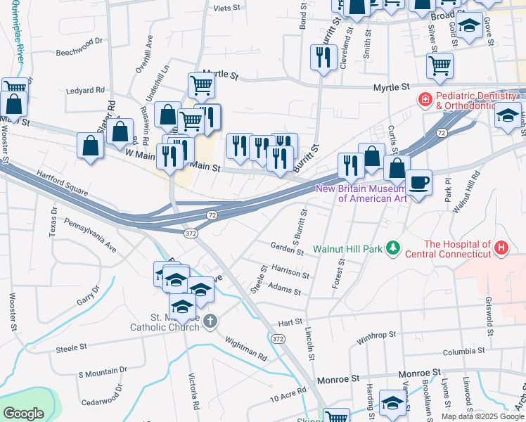 map of restaurants, bars, coffee shops, grocery stores, and more near 60 Sherwood Road in New Britain