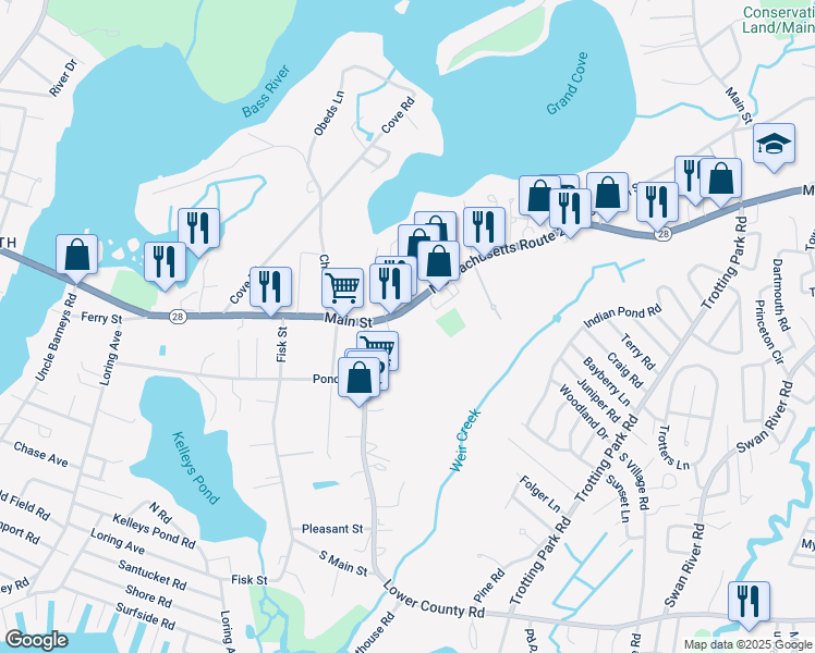 map of restaurants, bars, coffee shops, grocery stores, and more near 401 Main Street in Dennis