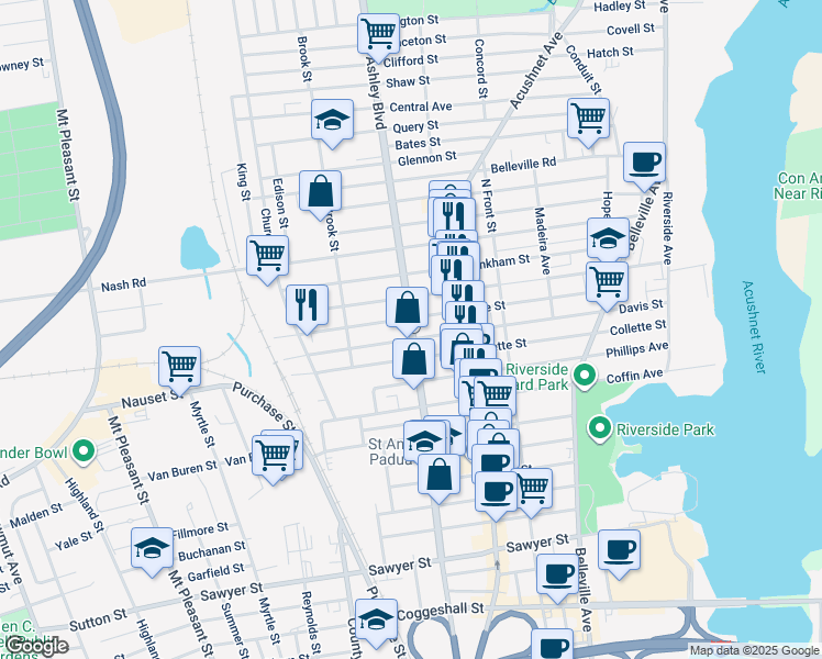 map of restaurants, bars, coffee shops, grocery stores, and more near 295 Ashley Boulevard in New Bedford