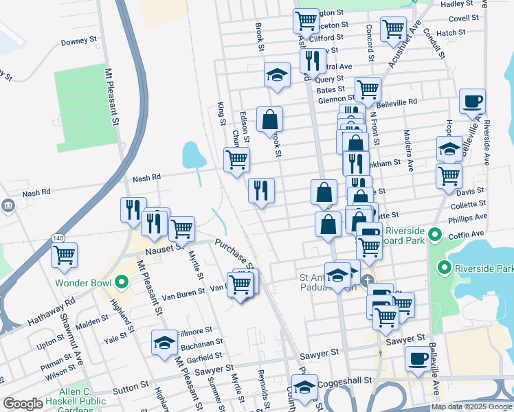 map of restaurants, bars, coffee shops, grocery stores, and more near 81 Church Street in New Bedford