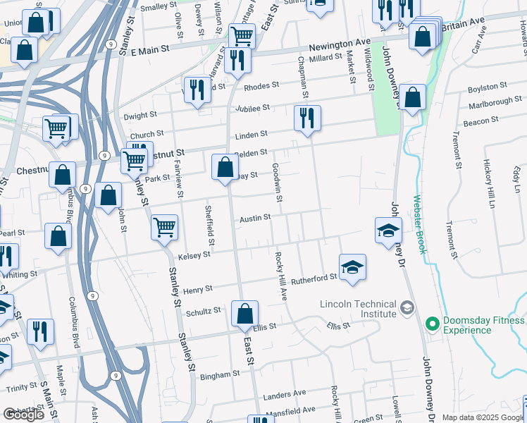 map of restaurants, bars, coffee shops, grocery stores, and more near 46 Austin Street in New Britain
