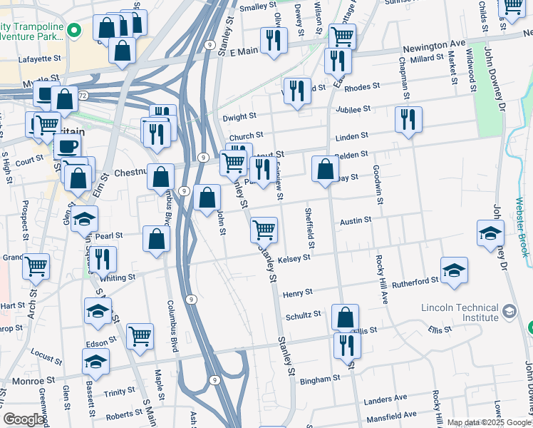 map of restaurants, bars, coffee shops, grocery stores, and more near 77 Pleasant Street in New Britain