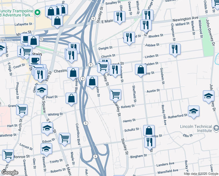 map of restaurants, bars, coffee shops, grocery stores, and more near 77 Pleasant Street in New Britain