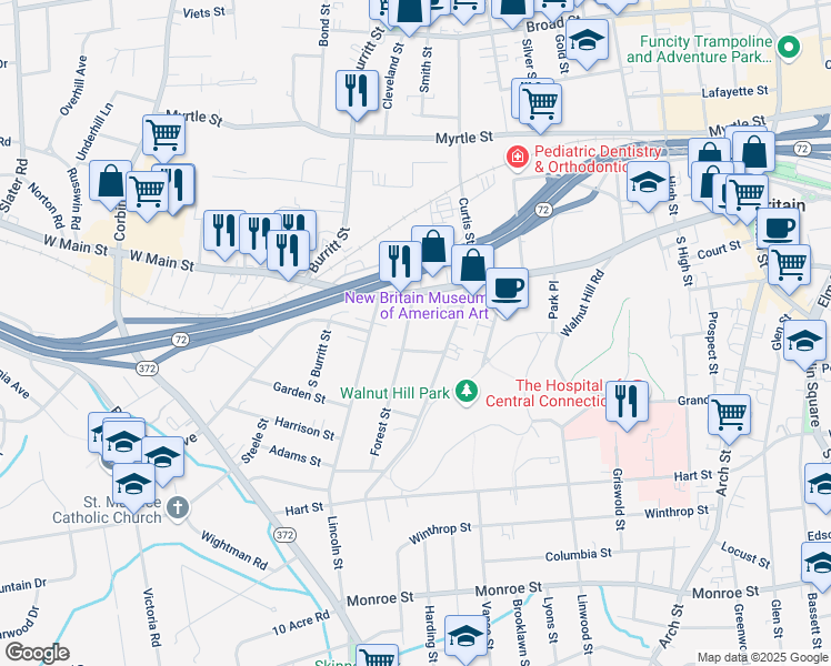 map of restaurants, bars, coffee shops, grocery stores, and more near 19 Murray Street in New Britain