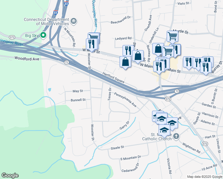 map of restaurants, bars, coffee shops, grocery stores, and more near 500 Black Rock Avenue in New Britain