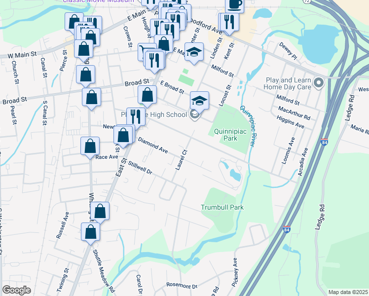 map of restaurants, bars, coffee shops, grocery stores, and more near 75 Diamond Avenue in Plainville
