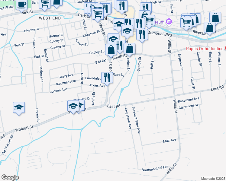 map of restaurants, bars, coffee shops, grocery stores, and more near 121 Wolcott Street in Bristol