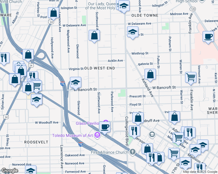 map of restaurants, bars, coffee shops, grocery stores, and more near in Toledo
