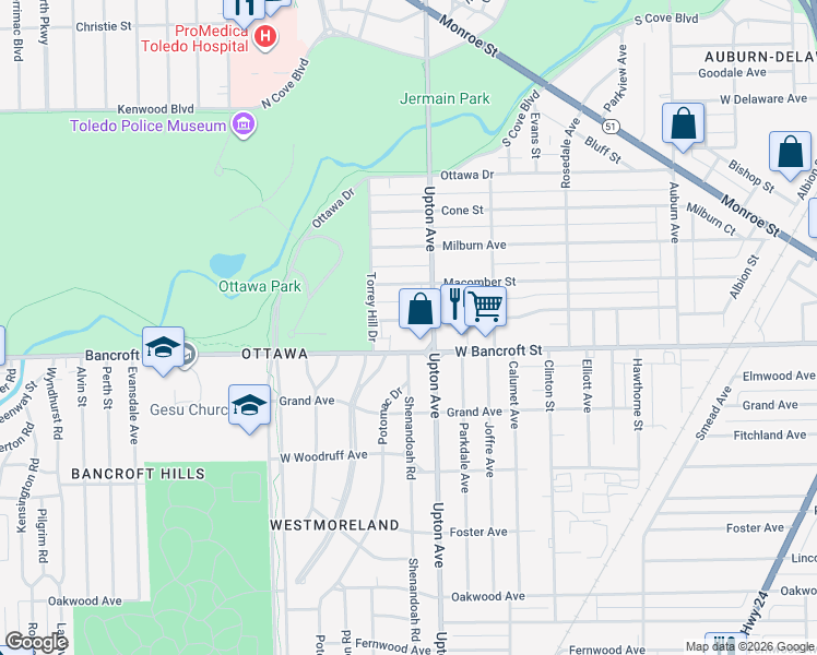 map of restaurants, bars, coffee shops, grocery stores, and more near in Toledo